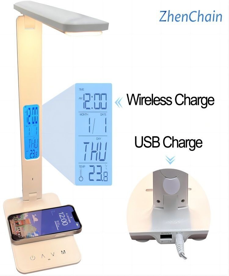 Cross-border Clearance Eye Protection โคมไฟตั้งโต๊ะศึกษาพร้อมอุณหภูมินาฬิกาโทรศัพท์มือถือชาร์จไร้สาย