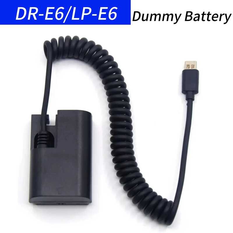 LP 4 E6 Dummy Battery USB-C to DC Coupler DR-E6 Full Decode Spring Cable for Canon EOS 5DII 5DS 6