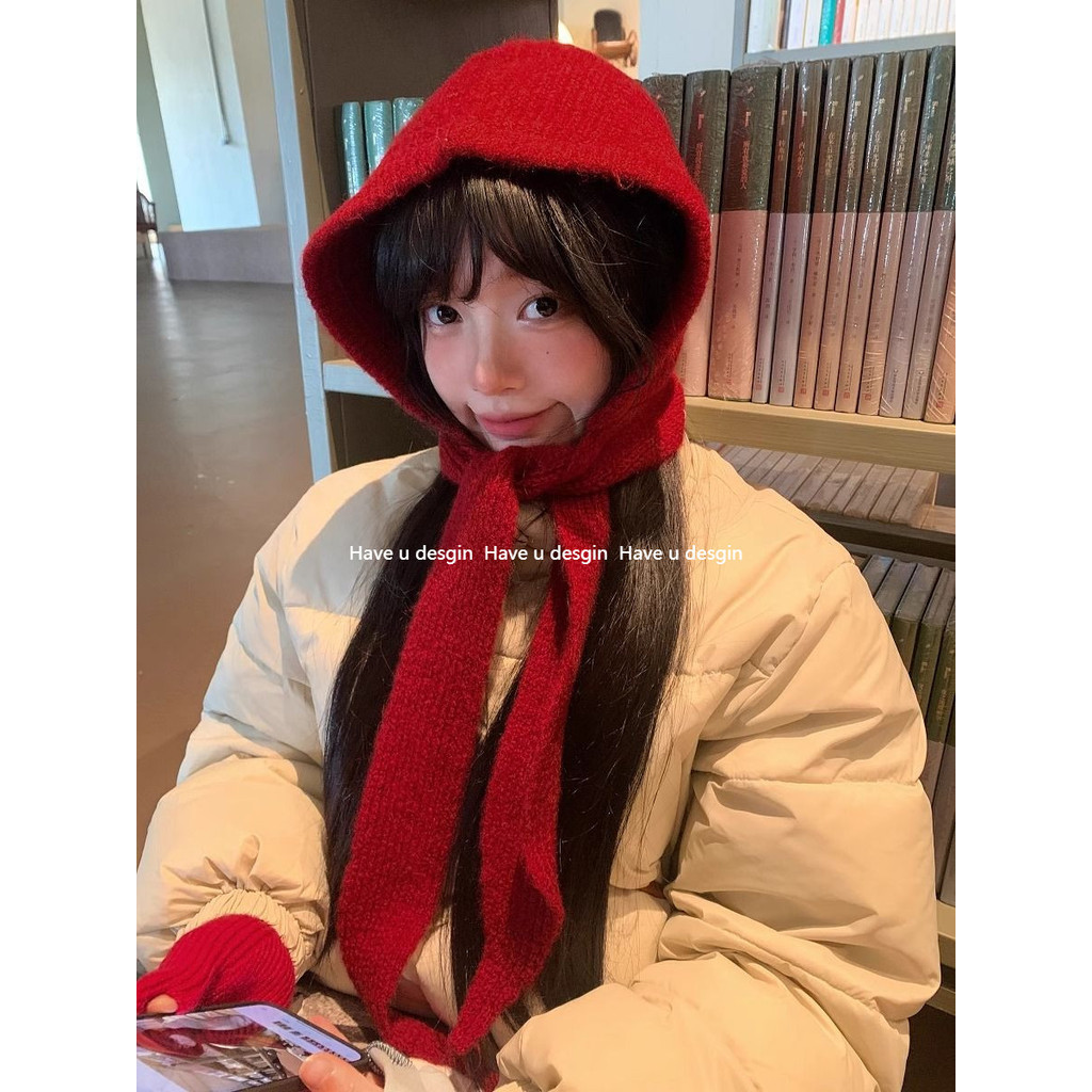 มี u desgin คริสต์มาสปีใหม่หมวกสีแดงเอี๊ยมหนึ่งฤดูใบไม้ร่วงฤดูหนาวลูกไม้ขึ้นหมวกถักบาลากาฟาหมวกขนสัตว์ให้อบอุ่นป้องกันหู