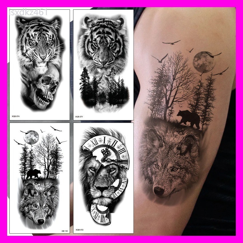 กันน้ำชั่วคราว Tattoo สติกเกอร์, Water Transfer Decals, สิงโตหมาป่า Tiger Moon Crown, body Art สำหร