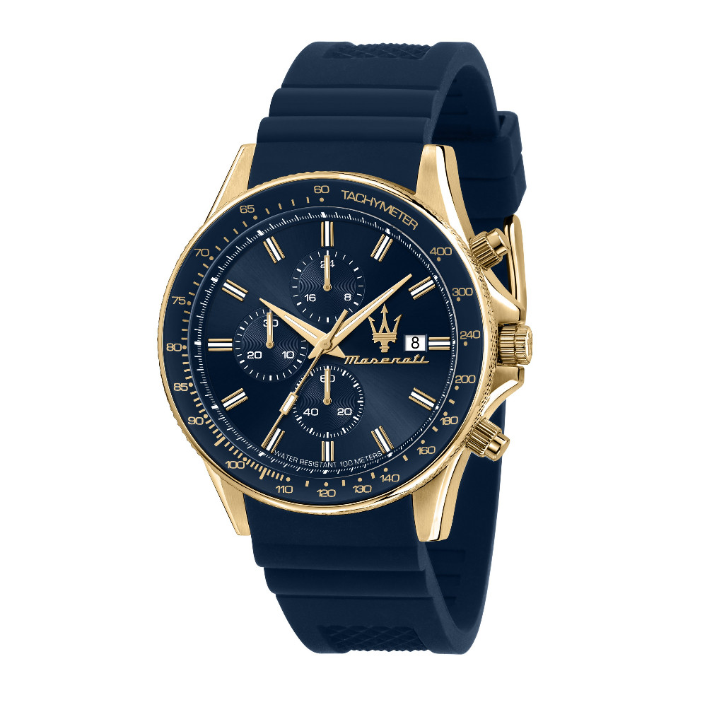 【2 Years Warranty】 Maserati Sfida 44mm Blue Dial Blue Silicone Men's Chronograph Quartz นาฬิกาข้อมื