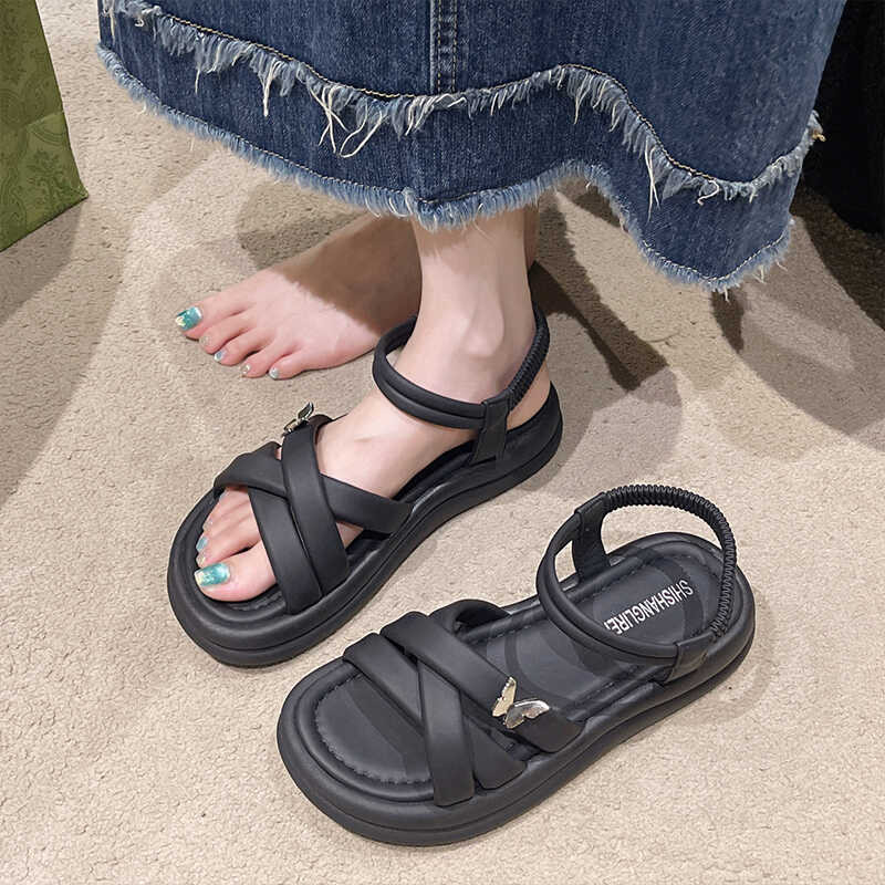 Woman Low Sandals Leather Female Shoe 2024 Summer Anti-Skid Low-heeled Girls New Gladiator Fashion