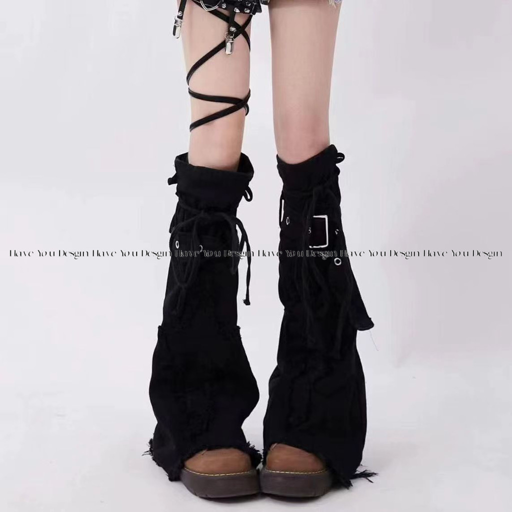 Y2k สาวร้อนสีดํา Denim ขา Slimmer ดู Drawstring Pile ถุงเท้า Cross Design Boot Cover Flared ถุงเท้าอินเทรนด์