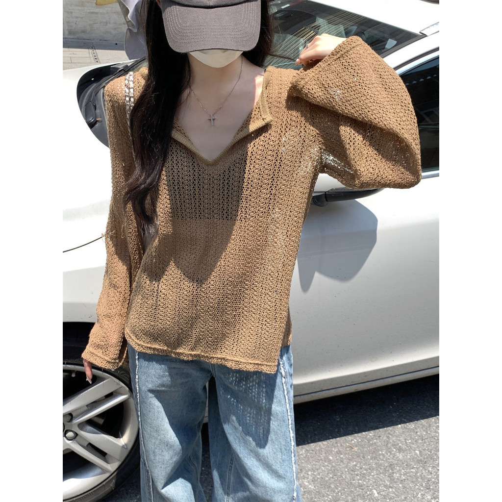76444 Loose Half-Open Collar Hollow Thin T-Shirt Top