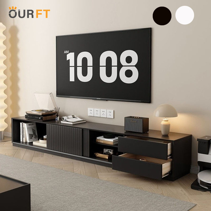 Ourft ตู้วางทีวี ตู้ทีวีไม้เนื้อแข็งและโต๊ะกาแฟรวมกันคอนโซลมัลติฟังก์ชั่ที่ทันสมัยชั้นไปยังตู้สีดํา