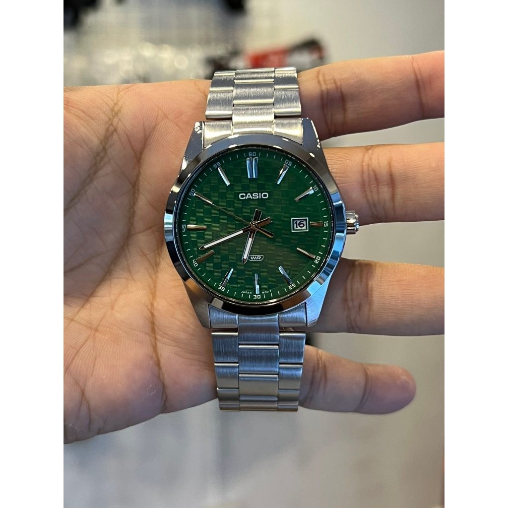 Original CASIO Analog Green Dial สแตนเลสนาฬิกาผู้ชาย MTP-VD03D-3A1 / CASIO MTP-VD03D-3A1