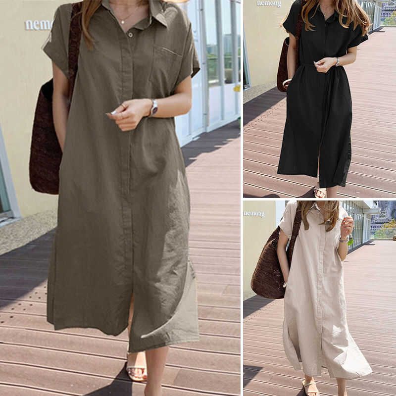 ❤ Esolo ZANZEA Muslimah ผู้หญิงมุสลิมคอปกปุ่มลงแขนสั้น Kaftan หลวมยาว Maxi เสื้อชุด KRS