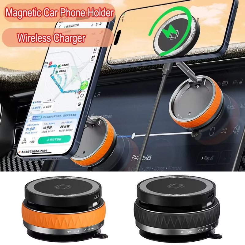 2025 ใหม่แม่เหล็ก 15W Wireless Charger ที่วางโทรศัพท์ในรถยนต์พับได้ 360 องศาหมุนนําทางที่วางโทรศัพท์สําหรับโทรศัพท์