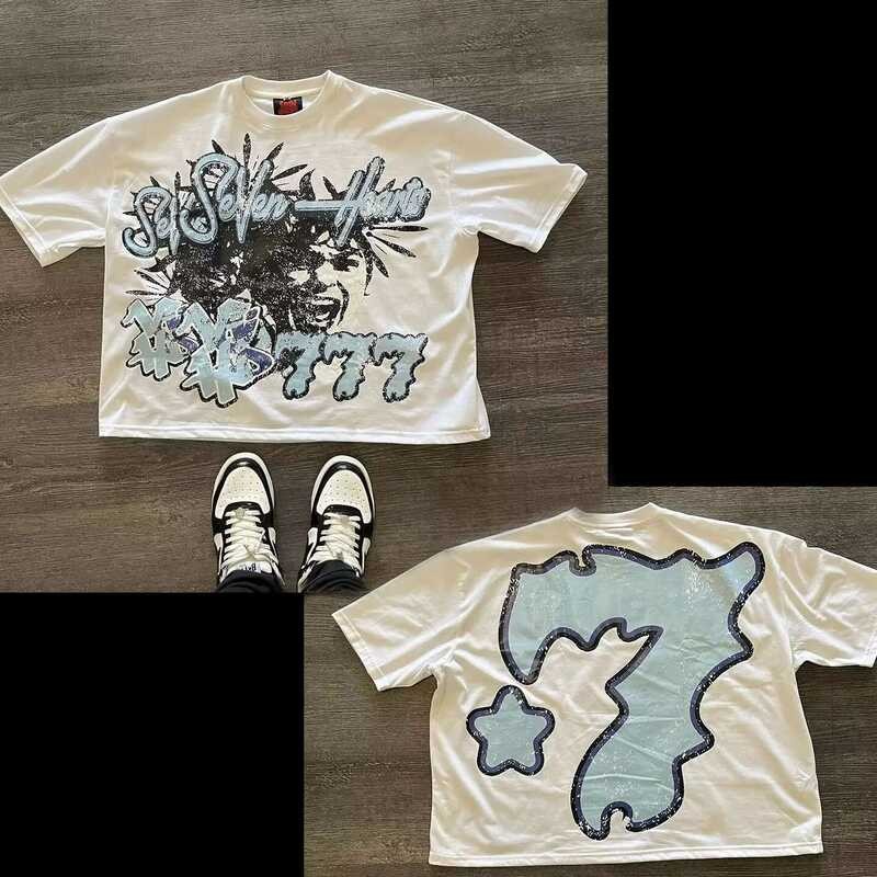 777 ชุดสตรีทแวร์อเมริกัน เสื้อยืดกราฟิกพิมพ์ขนาดใหญ่สไตล์โกธิคสมาร์ทแคชชวลฮารูกุ Y2k เสื้อผ้าผู้ชายฮ