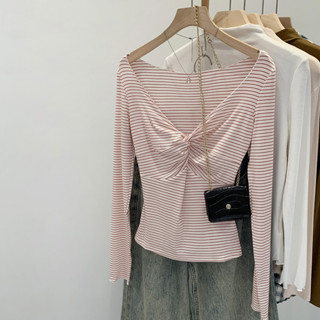 91659 Lyocell Fiber Knotted v คอสีแดงสีขาว Stripes เสื้อยืดแ…