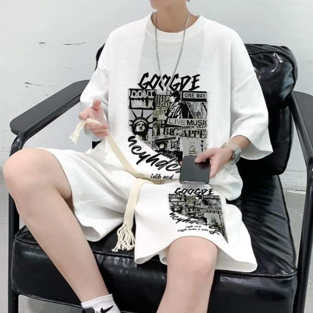 ชุดเสื้อยืดและกางเกงขาสั้นผู้ชายแบบวาฟเฟิลสำหรับเยาวชน