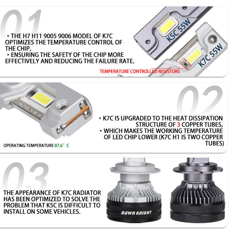 K7c DAWNKNIGHT 4300K H7 H4 H11 3 หลอดทองแดงสำหรับรถยนต์ H1 Hb3 9005 Hb4 9006 12V หลอดไฟ LED