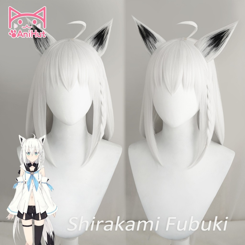 【AniHut】Shirakami Fubuki Cosplay Wig Vtuber Fox Cosplay Wig Youtuber Hololive White Straight 100cm/