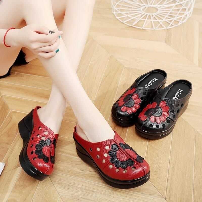 ❤ Ethnic Style Genuine Leather For Women Summer Fashion Outer Wear Lazy Half Slippers Wedge He