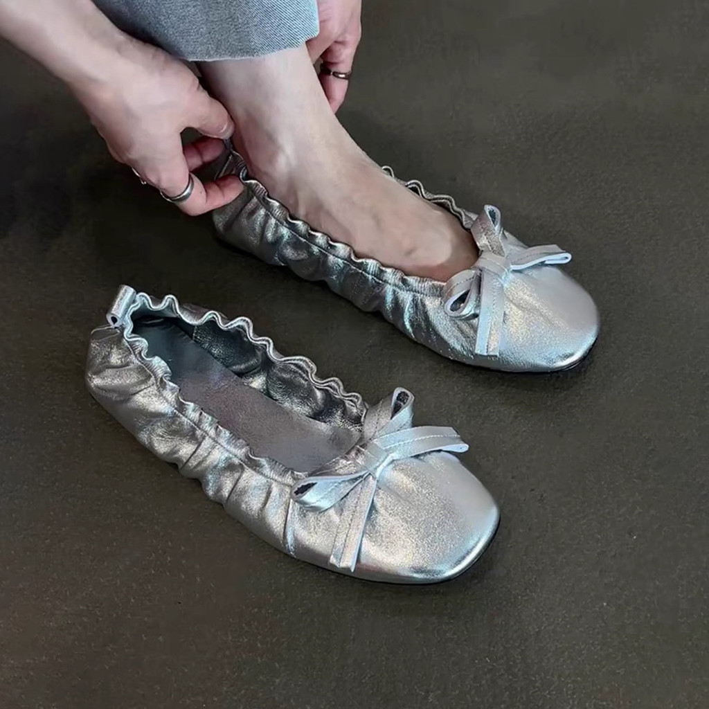 ใหม่ รองเท้าแบนหนังแกะแท้ หัวกลม โบว์ ยางยืด สวมง่าย หนังนุ่ม Genuine Leather Ballet Flats