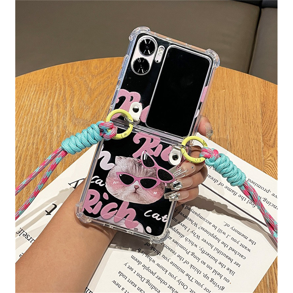 เกาหลีน่ารักกระจกแว่นตากันแดด Rich Cat Crossbody Lanyard สําหรับ OPPO N3Flip N3 Flip N3Flip N2Flip N