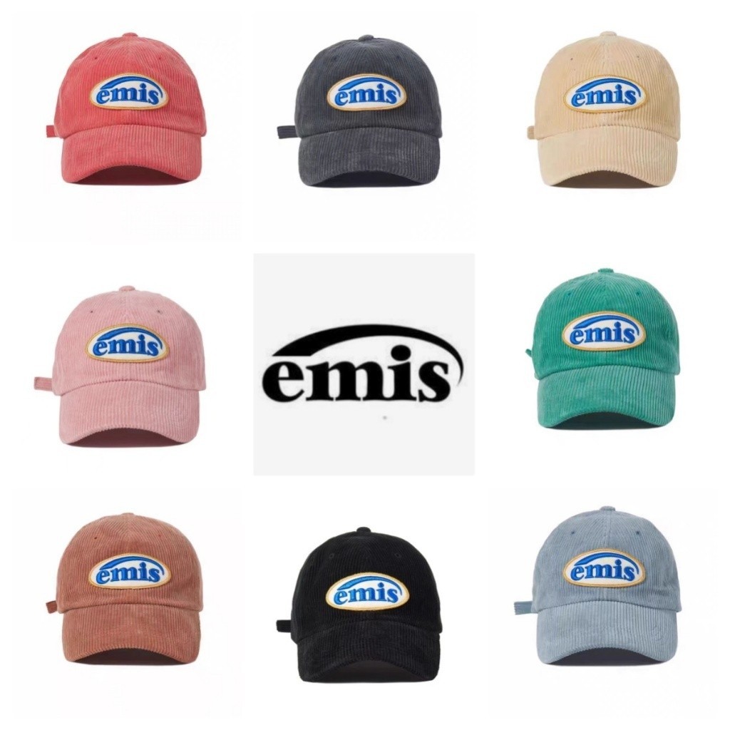 EMIS หมวกเบสบอลปักลายตัวอักษรผ้าลูกฟูกแฟชั่นเกาหลี