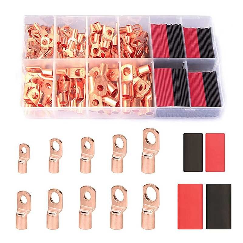 ❤ 120Pcs Copper Wire Terminal Connectors, AWG 2 4 6 8 10 12 Ring Lug Kit With Heat Shrink 60Pcs