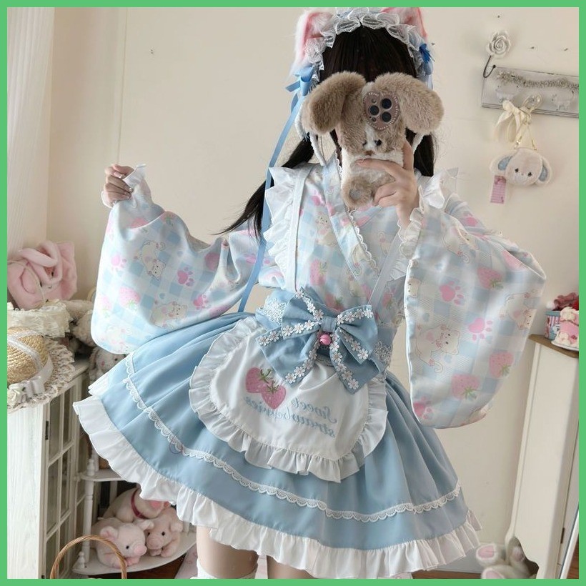 ชุดเดรสโลลิต้า 2025 สไตล์ญี่ปุ่น แบบชุดเมด แขนสามส่วน น่ารักอ่อนหวาน โบว์ ผ้าระบาย ผูก ดีไซน์พิเศษ