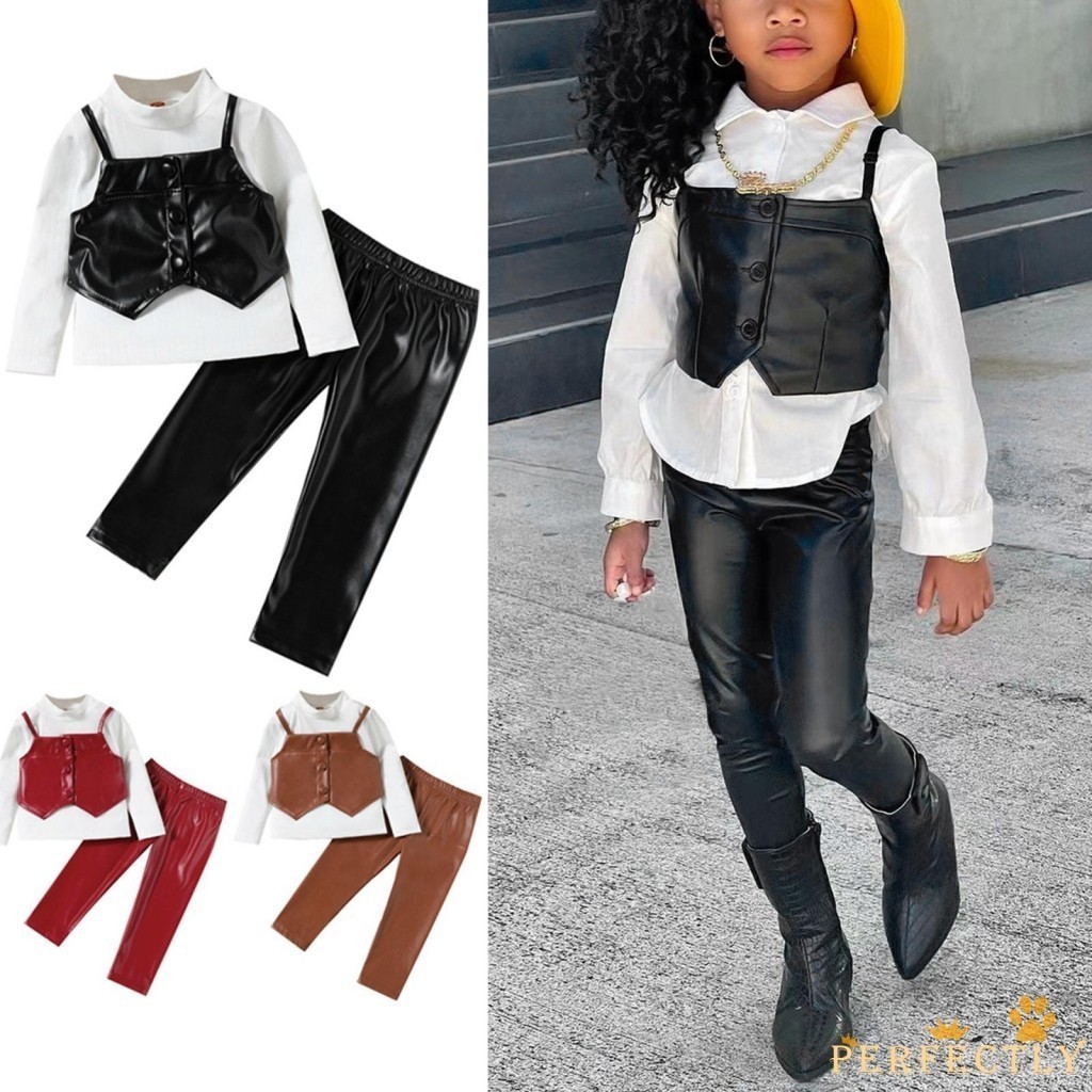 Pef-little Girl Fall 3 ชิ้นชุดชุด Mock คอแขนยาว Ribbed Tops หนัง PU กางเกงเสื้อกั๊ก