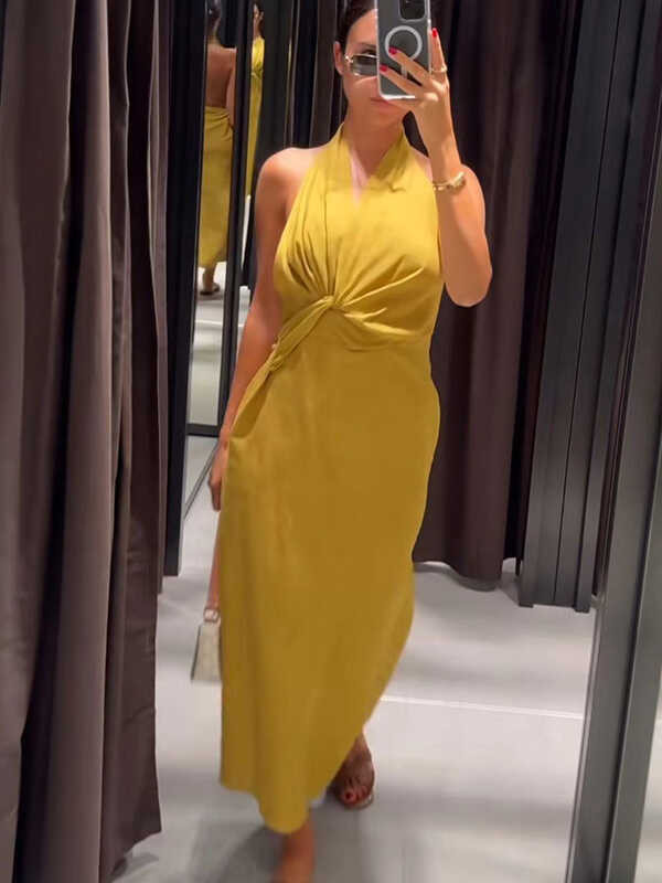 TRAF D57 Elegant Women Halter จีบชุดเดรส 2024 ฤดูร้อนใหม่แฟชั่น Bac