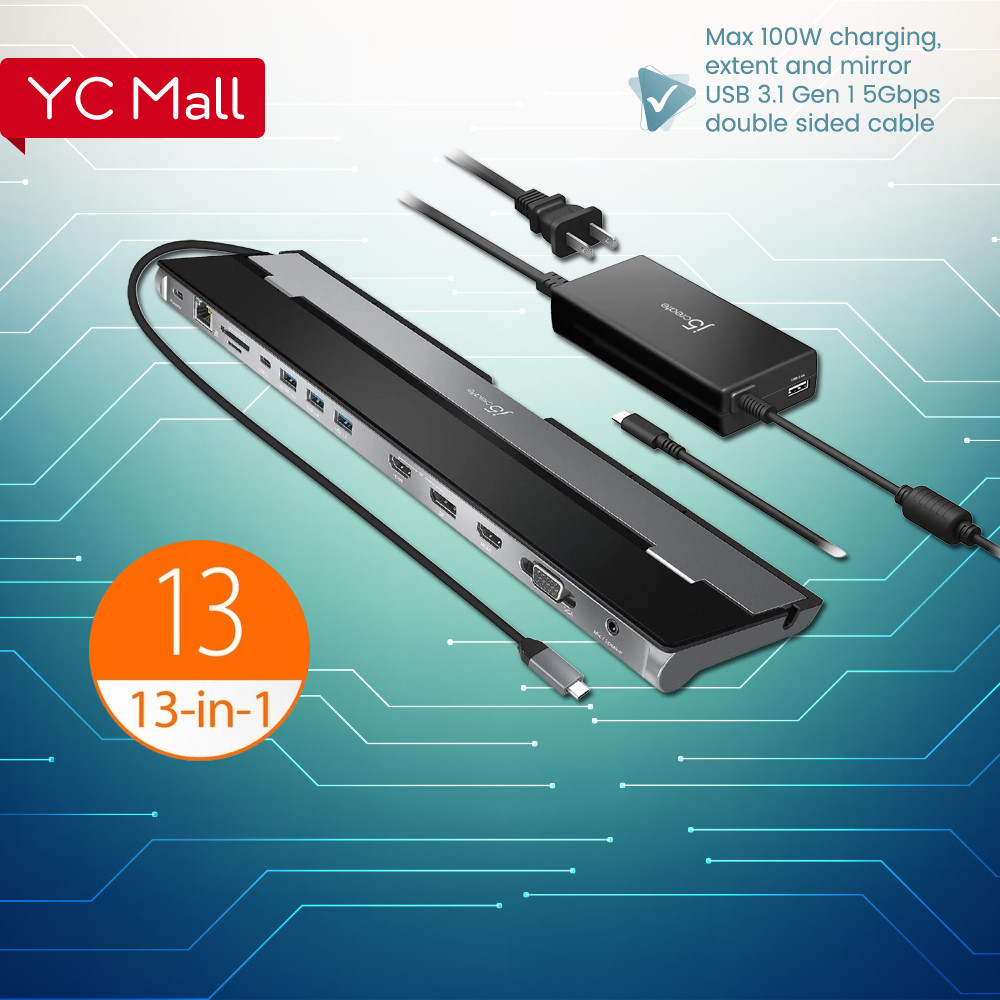 J5create JCD543P 13 in 1 USB-C PD 100W Triple Display สูงสุด 4K Docking Station Power Adapter รวมสํา
