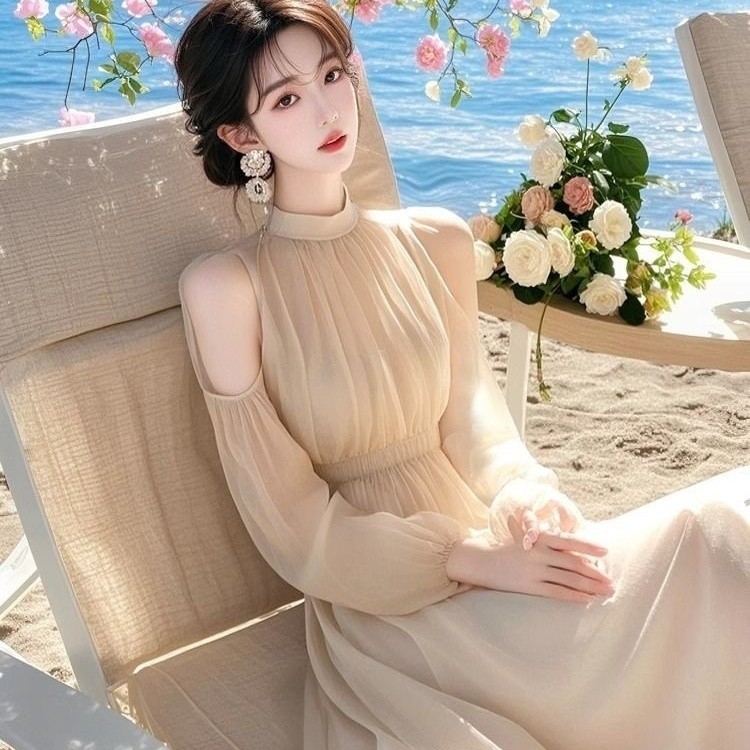 ♞2025 แฟชั่นฤดูร้อน ชุดเดรสชิฟฟอนสไตล์ฝรั่งเศสสีแอปริคอท แขนหลุด ชุดยาวลดน้ำหนักที่ไม่ซ้ำใคร WFD