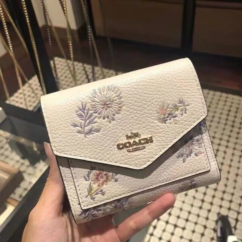 แท้% COACH F69849 กระเป๋าสตางค์สุภาพสตรีรุ่นใหม่ลายดอกไม้หนังแท้กระเป๋าสตางค์สแน็ปกระเป๋าสตางค์พับก