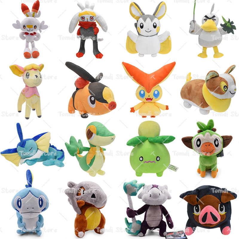 ตุ๊กตา Tepig Victini Snivy Emolga Scorbunny Yamper Raboot Alolan Marowak นอน Vaporeon Smol