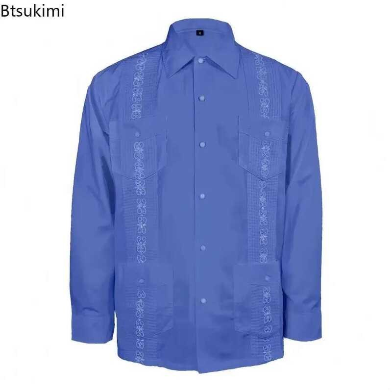 เสื้อเชิ้ต 2025 Guayabera คิวบาผู้ชายแขนยาวปุ่มปิดปักลายเสื้อเชิ้ตแบบดั้งเดิมสี่กระเป๋า