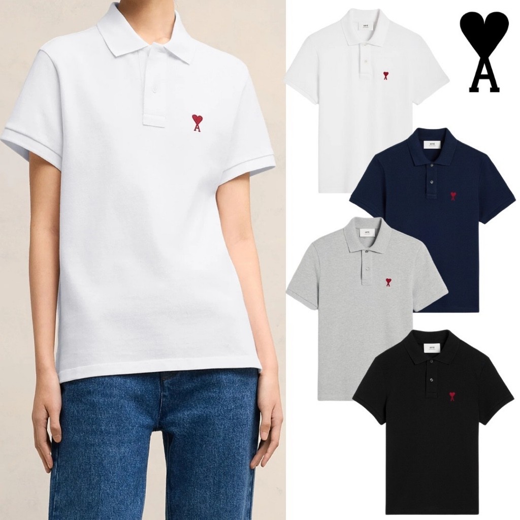 ♞,♘,♙AMI PARIS DE COEUR POLO SHIRT BLACK / WHITE AMI  - preorderoppa 2025