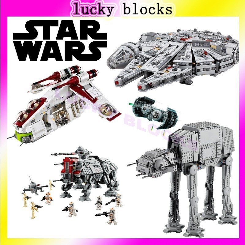 ของเล่นบล็อกตัวต่อ Star Wars AT-TE Millennium Falcon First Order Star Destroyer 75337 75105 เพื่อกา