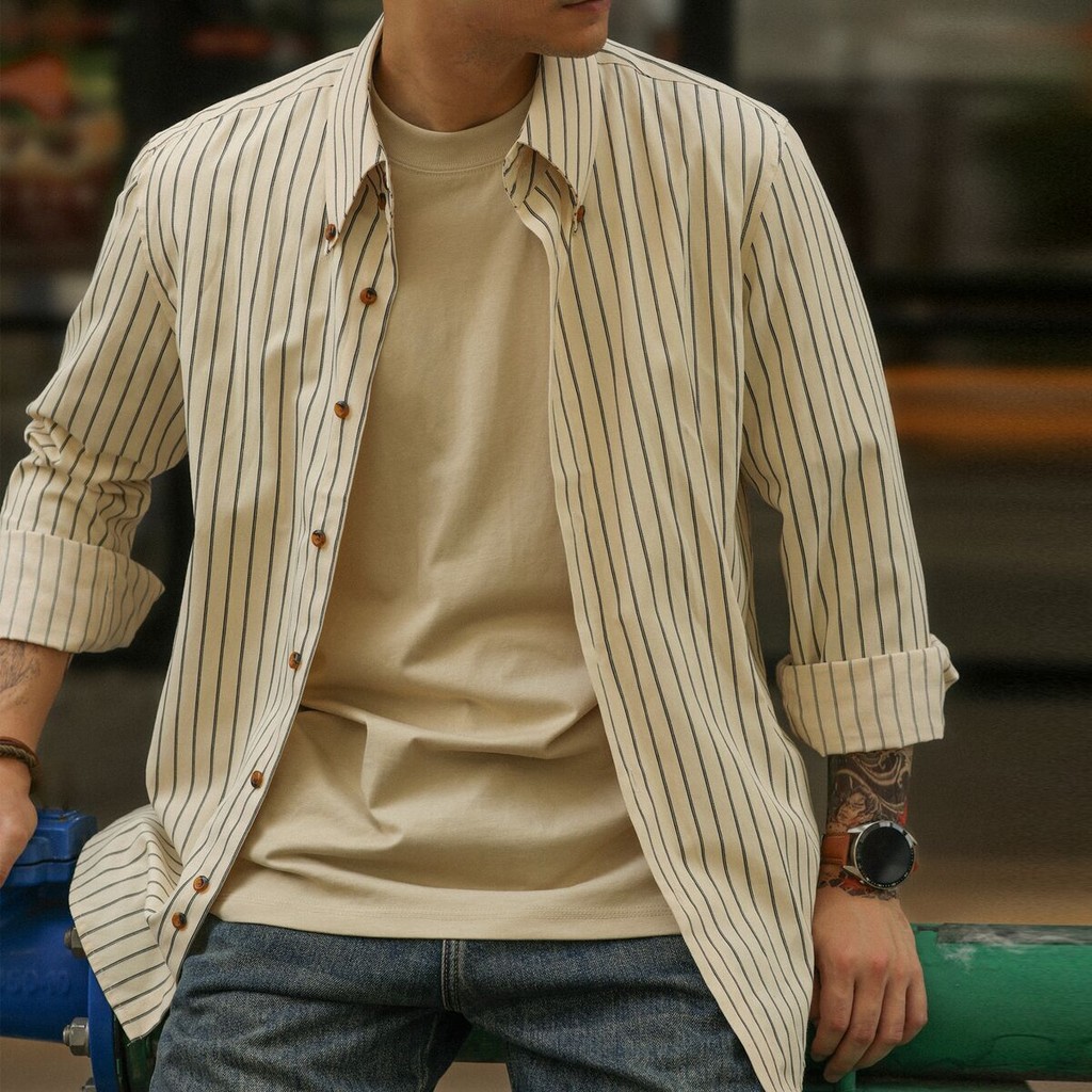 Wuluwear อเมริกันบางสไตล์สีกาแฟลายเสื้อผู้ชาย Slim-fit Commuter Casual เสื้อเชิ้ตแขนยาวแจ็คเก็ต