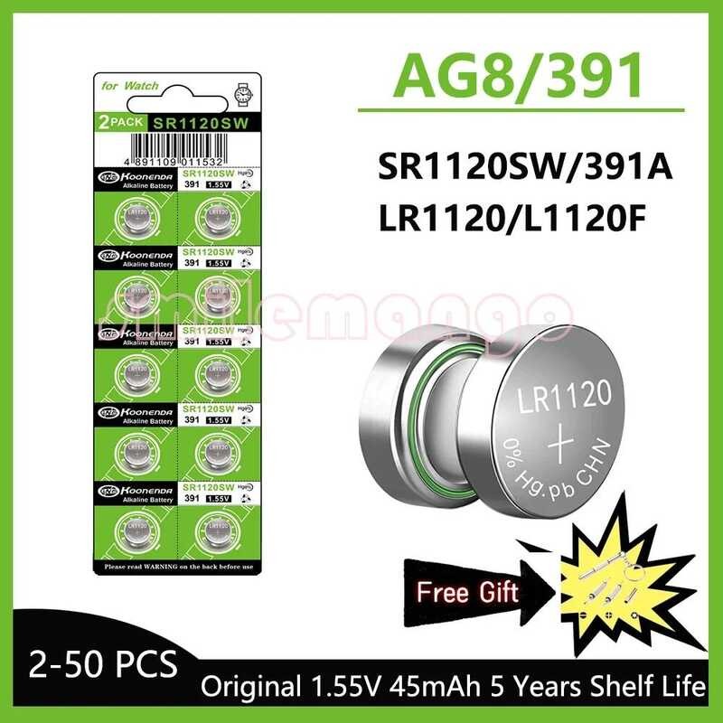 แบตเตอรี่ปุ่ม AG8 45mAh 1.55V 2-50 ชิ้น LR1120 391 SR1120 R1120W CX191 G8A 191 391A SR1120SW เซลล์ C