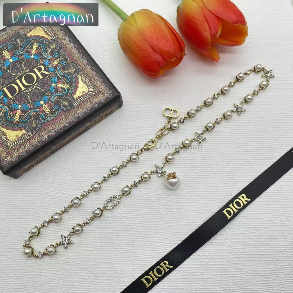 {TOP} Cd Pearl Necklace Diamond Star Dragonfly Antique Tone Metal Brass Gold-Plated with Steel Seal