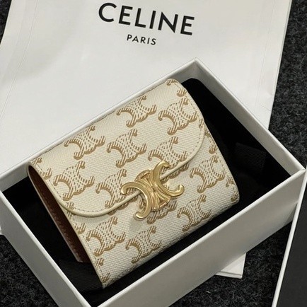 CELINE TRIOMPHE คลาสสิกสีขาวสายตายาว Arc de Triomphe กระเป๋าสตางค์ Tri-Fold กระเป๋าสตางค์คลิปสั้นกร