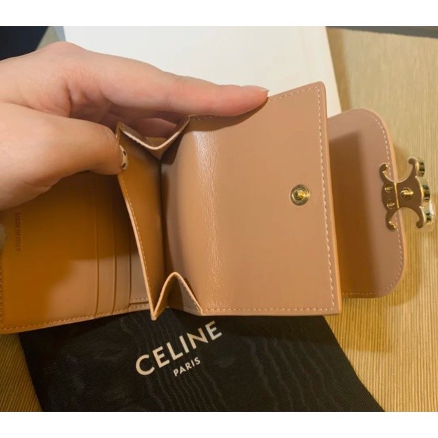 มือสอง CELINE สีดำสีเขียวสายตายาวสายตายาวเนื้อสีชมพู lambskin Arc de Triomphe กระเป๋าสตางค์คลิปสั้น