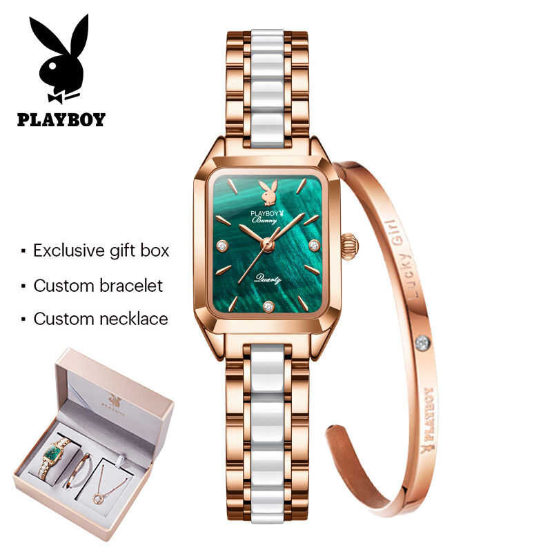 ❤ PLAYBOY ฟรีของขวัญสร้อยข้อมือสร้อยคอเซ็ตนาฬิกาสำหรับผู้หญิง Legal Dia Dial Elegant Temperamen