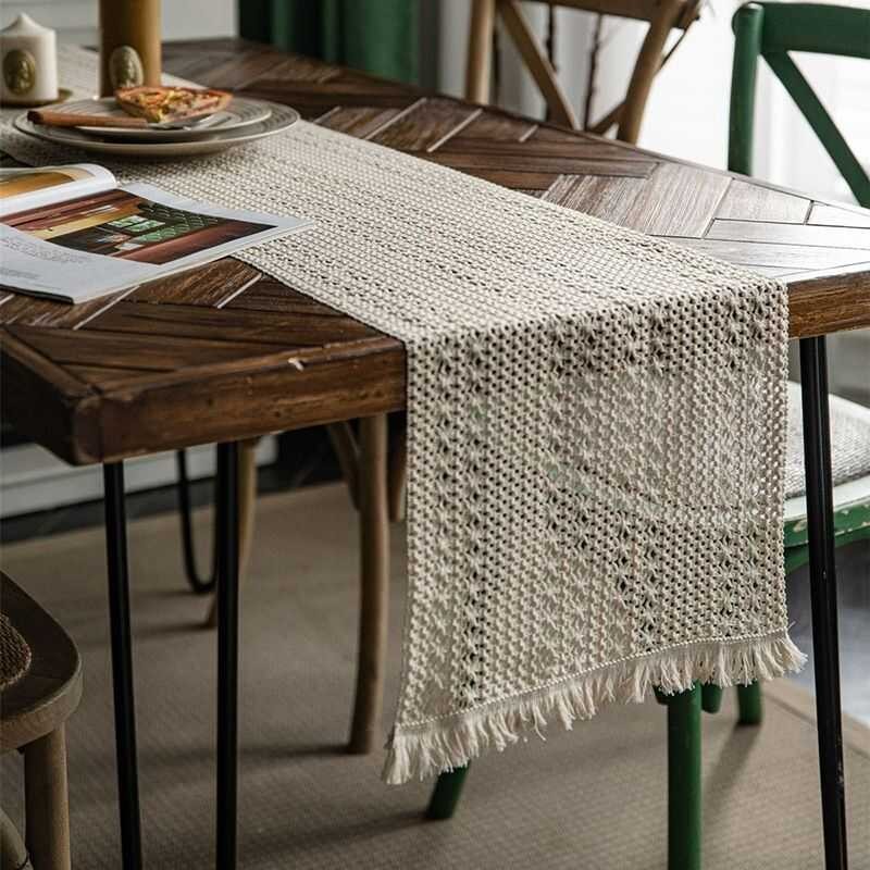 LY New Table Runners For Table Natural Hemp Rope Woven Table Runner Chenille Patchwork Table Cloth