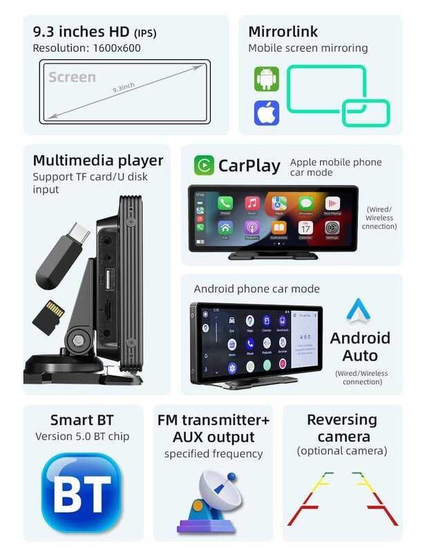 B5303 9.3” Portable Car Radio Universal Mp5 Player Wireless Apple Carplay Android Auto Mirrorlink pl