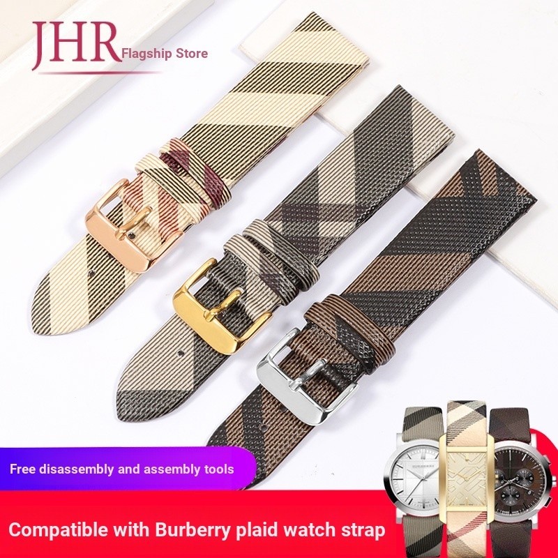 เหมาะสําหรับ BURBERRY สายนาฬิกาหนังแท้ผู้ชายผู้หญิง BURBERRY BURBERRY BU1938 ลายสก๊อต Cowhide สายคล
