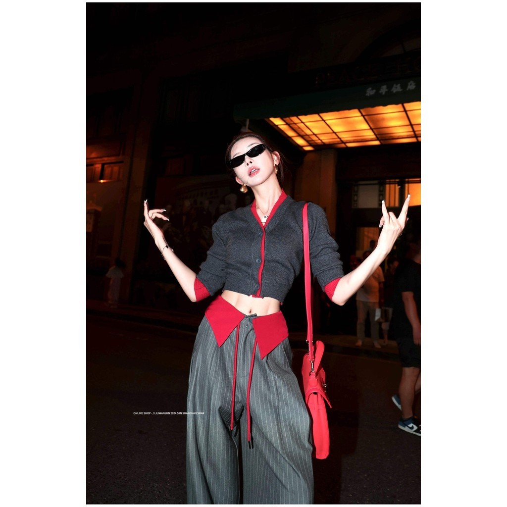 Shanmieleng ปลอมสองชิ้นถักคาร์ดิแกนผู้หญิงฤดูใบไม้ร่วง Retro อเมริกันสาวร้อนสั้นสีจับคู่เสื้อคอวีด้านบน