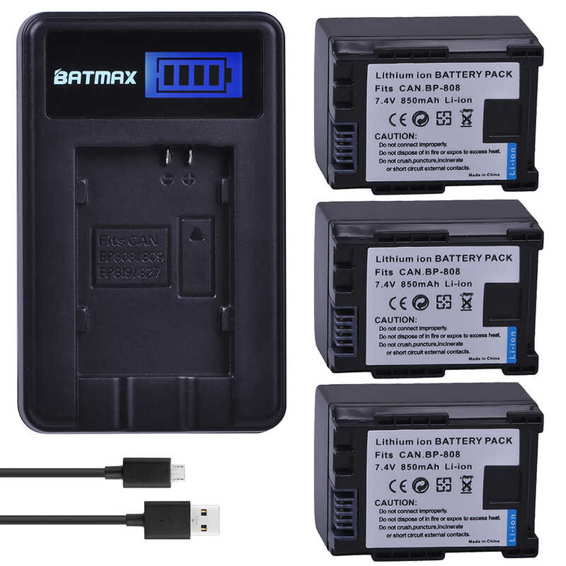 3Pcs e BP-808 808 BP808 Camera Rechargeable Battery + LCD USB Charger for Canon BP 827 809 819 HF