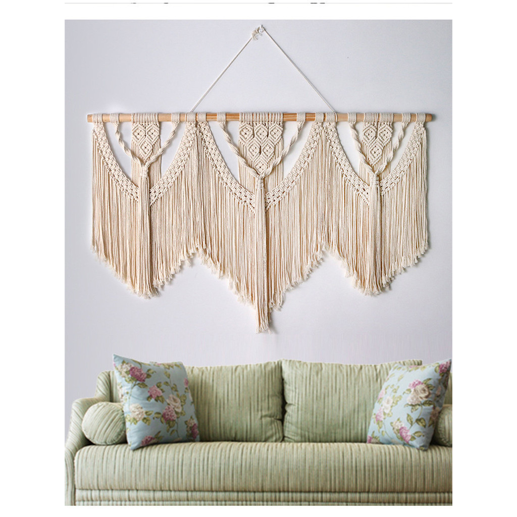 rame Wall Large Hanging with Wooden Stick Hand-Woven Bohemia Tassel Curtain Tapestry Wedding Backgr