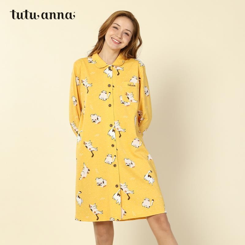 Tutuanna Loungewear ชุดนอนหญิงแมวพิมพ์น่ารักหวานสไตล์แขนยาวการ์ตูนชุดนอนปก