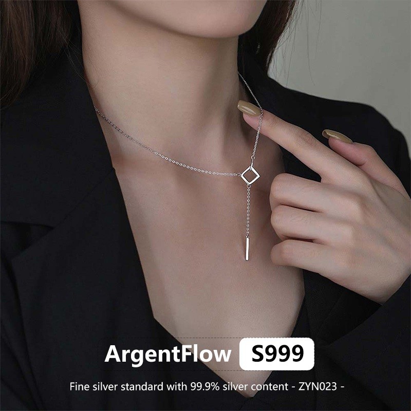 Argentflow 100% Original S999 Fine Silver Square พู่สร้อยคอภูมิแพ้ฟรีแฟชั่นสําหรับผู้หญิงสําหรับสาว