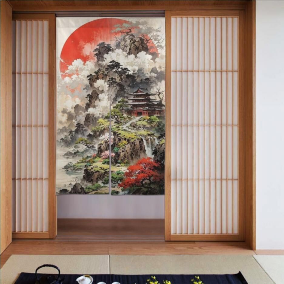 Linya ng Kislap Curtain Studio- Ukiyo e Sunrise Mountain Fairy Pavilion ม่านประตู (เนื้อผ้าลินิน Cha