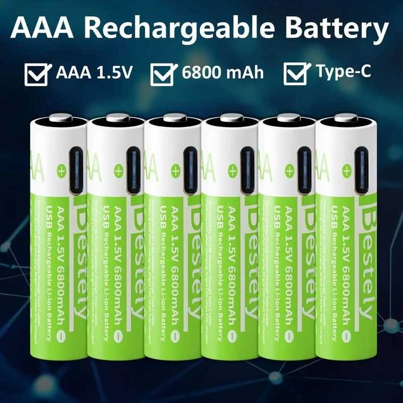 แบตเตอรี่อัจฉริยะแบบชาร์จได้ AAA, 1.5V 6800mAh แบตเตอรี่ลิเธียมไอออน Triple A, แบตเตอรี่ AAA สำหรับก