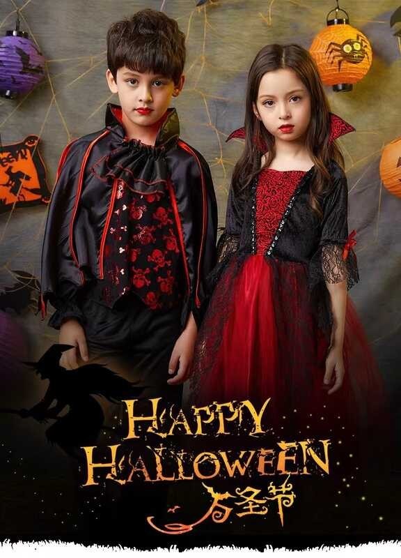 ❤ Clothing Girl Role Play Red Hat Vampire Flower Dress Children's Carnival Boy Halloween Party