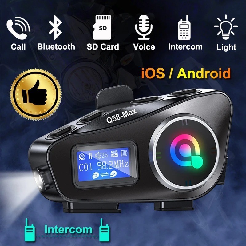 Q58-max หมวกกันน ็ อครถจักรยานยนต ์ Intercom ชุดหูฟังบลูทูธจอแสดงผล LCD เพลงร ่ วมกับไฟฉาย 2 Riders